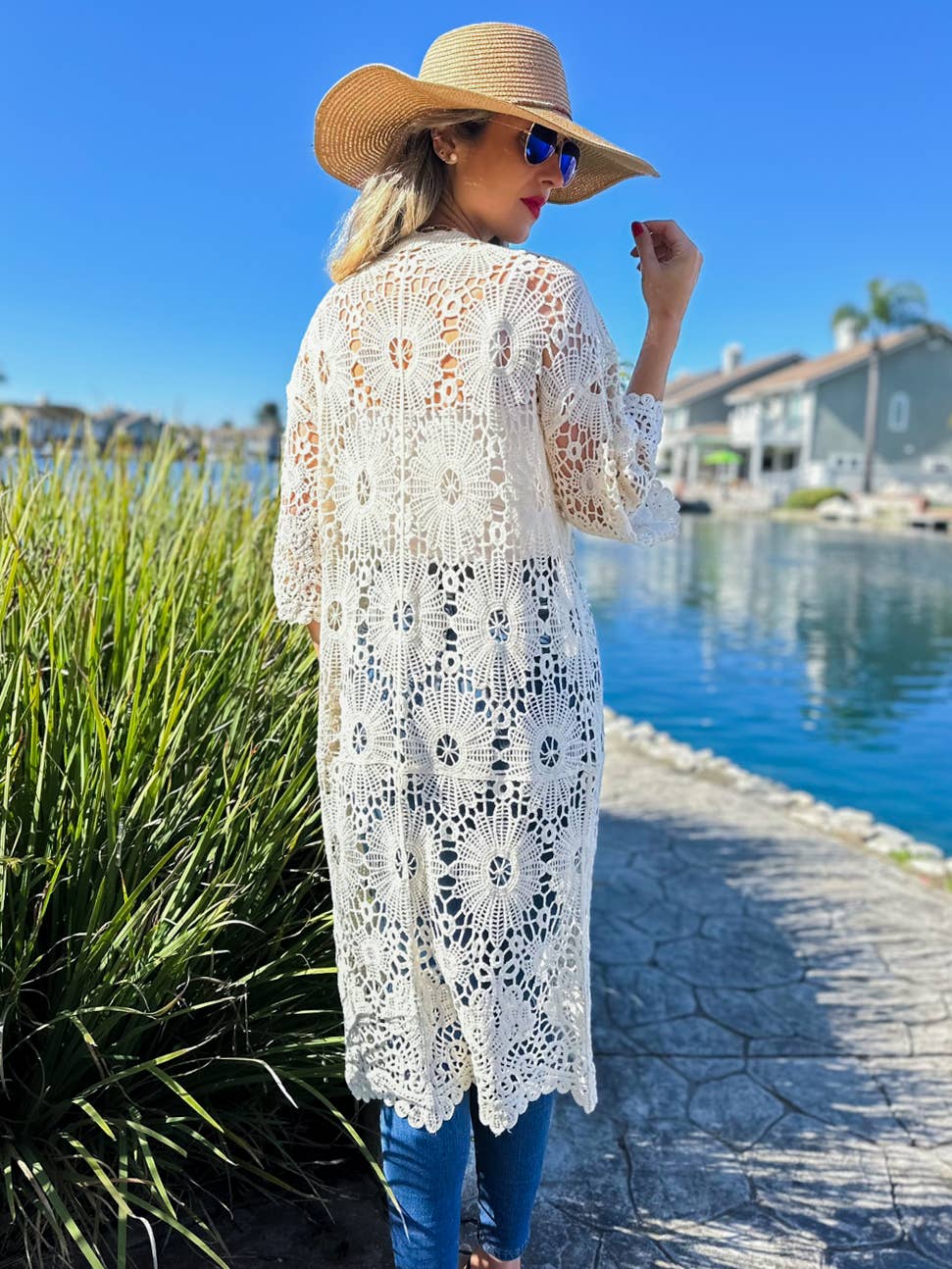 Ivory Bold Floral Printed Crochet 3/4 Sleeve Kimono Cardigan: Ivory / One Size