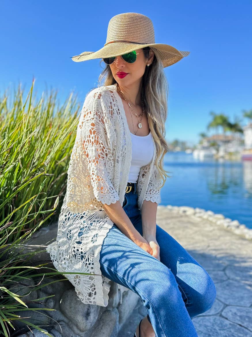 Ivory Bold Floral Printed Crochet 3/4 Sleeve Kimono Cardigan: Ivory / One Size