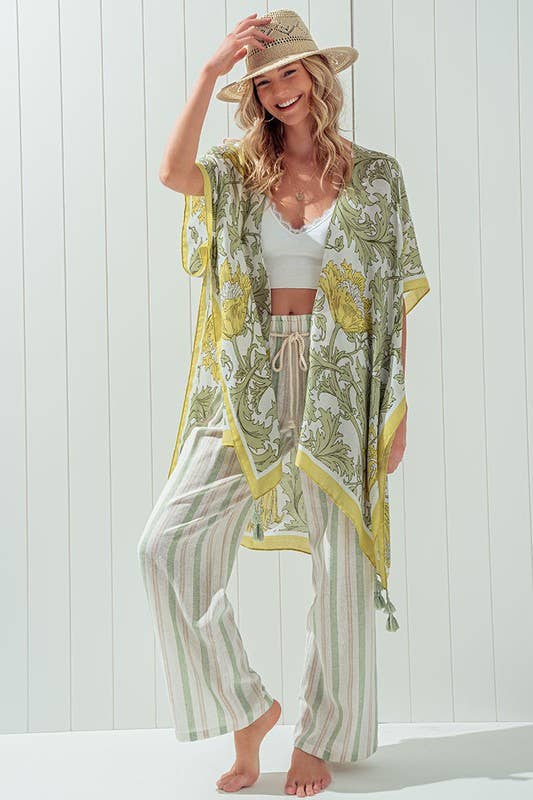 OPEN FRONT LEAF PRINT KIMONO: SAGE