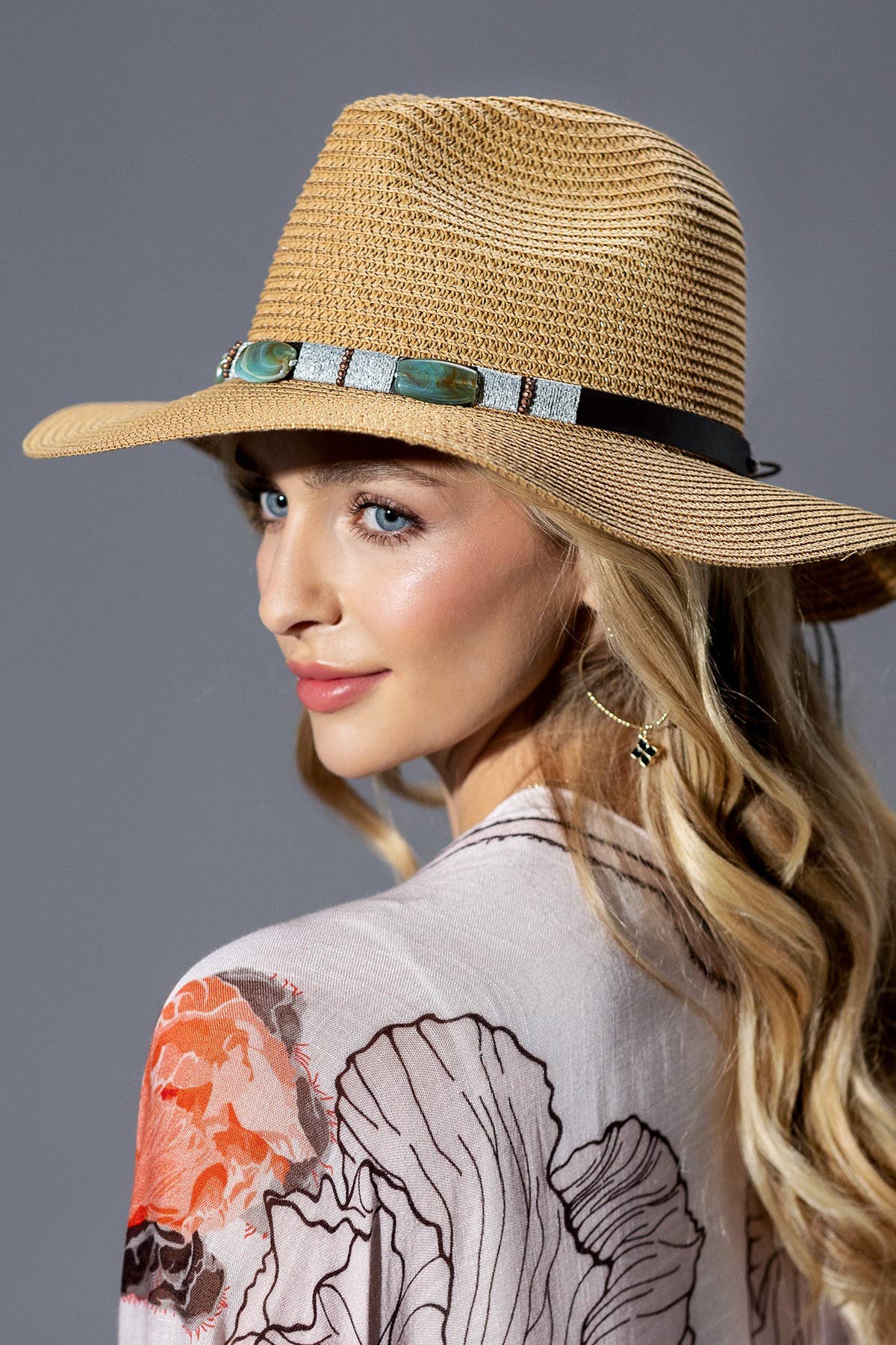 Turquoise Beaded Band Straw Sun Hat: WHITE(WH)