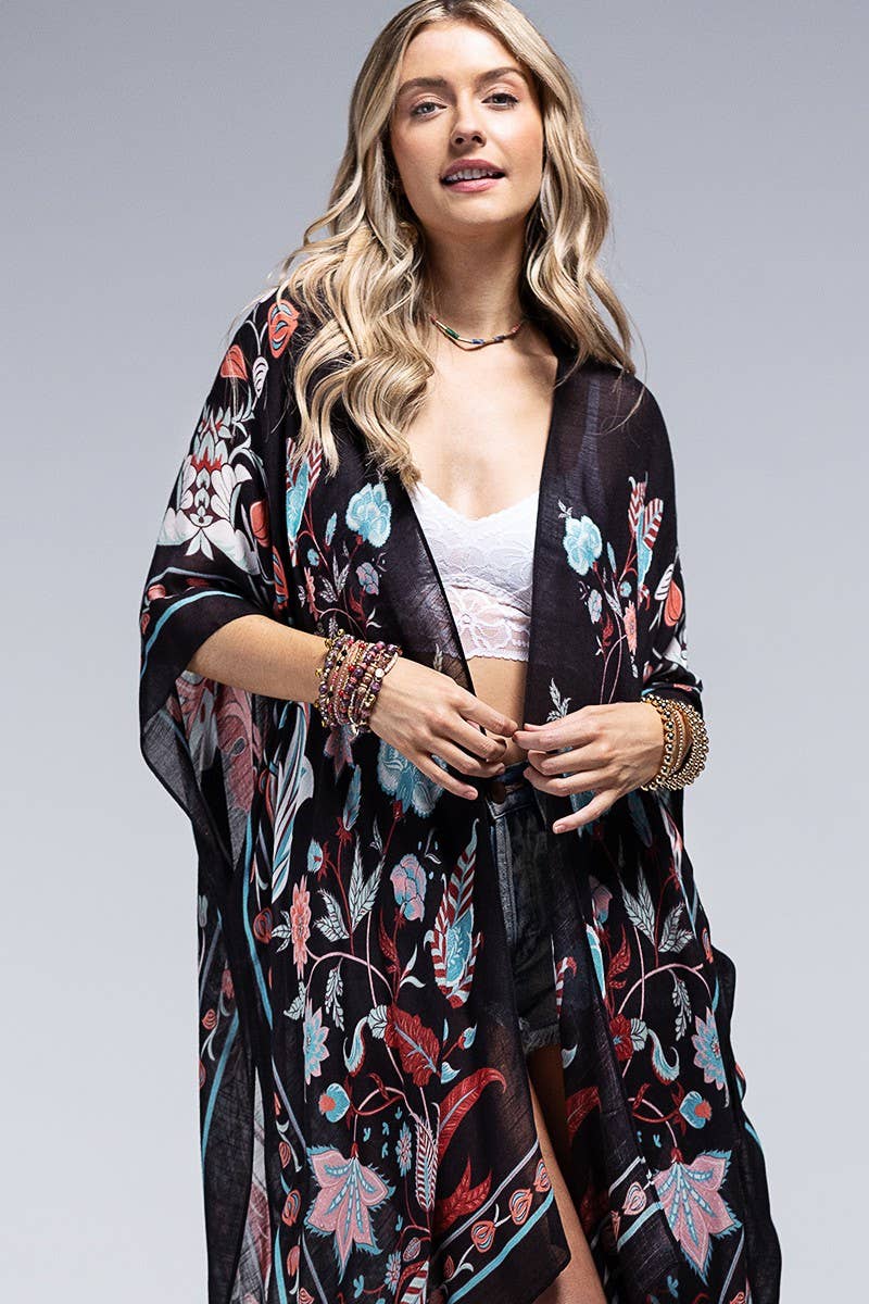 Leaf and Flower print Kimono: TEAL BLACK