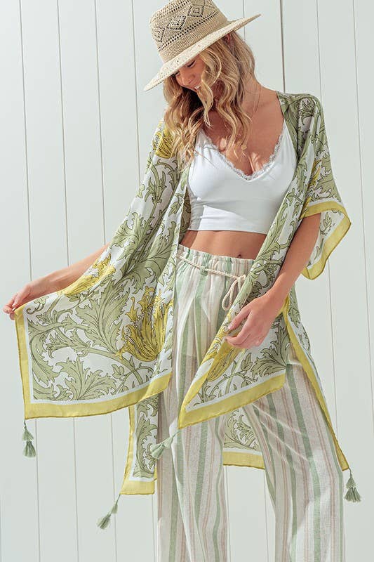 OPEN FRONT LEAF PRINT KIMONO: SAGE