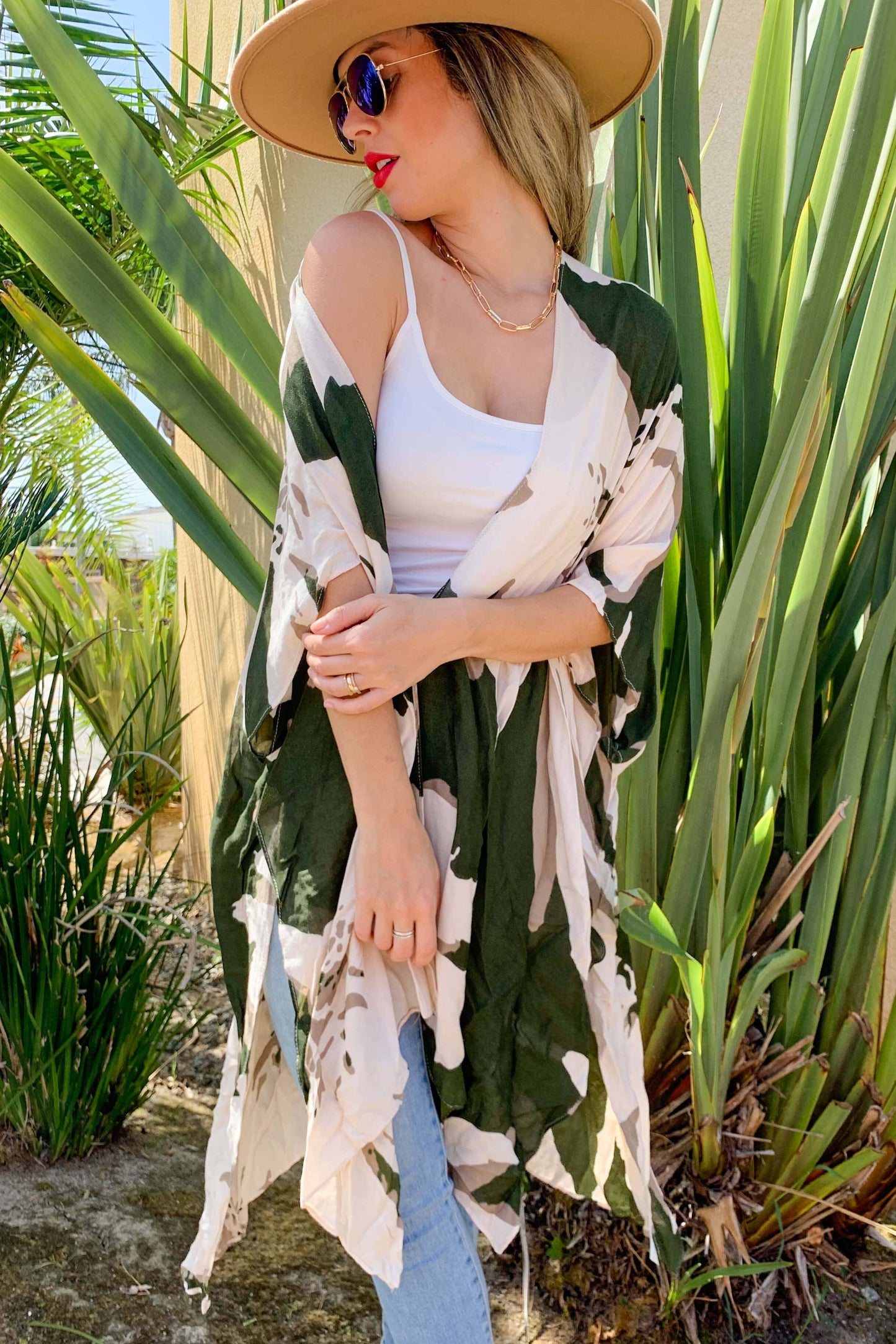 Green Olive Camo Printed Kimono Cardigan Cover Up: Green / Free