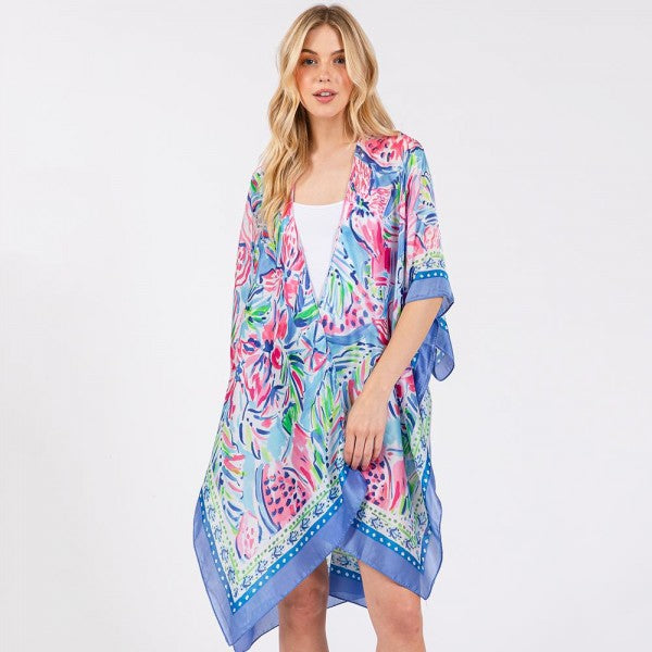 Water Color Flowers Print Silky Kimono