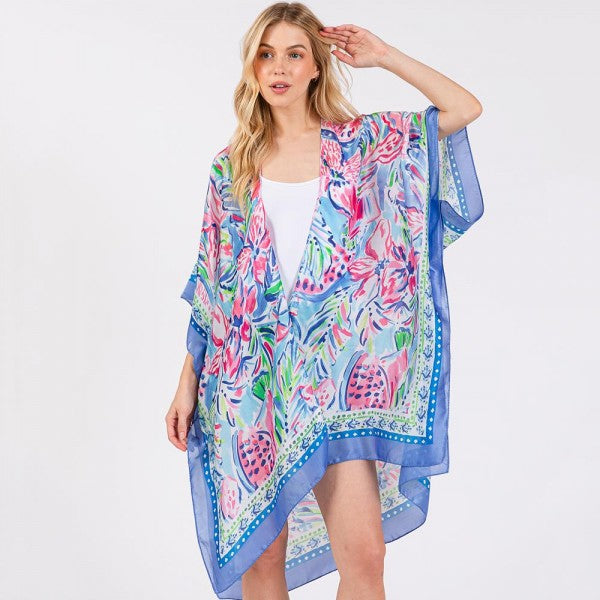 Water Color Flowers Print Silky Kimono