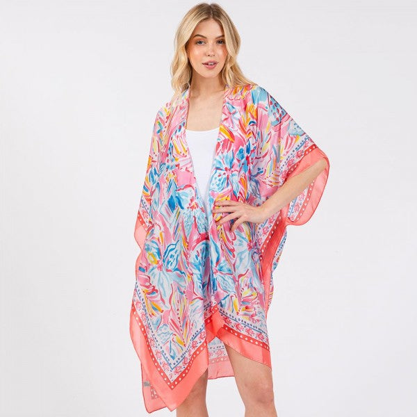 Water Color Flowers Print Silky Kimono