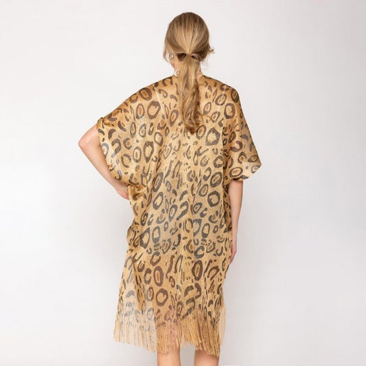 Leopard Lurex Kimono With Fringe Details