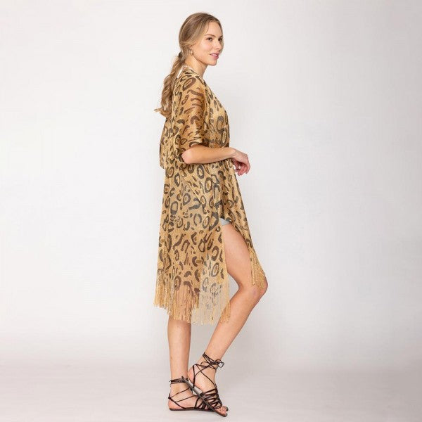 Leopard Lurex Kimono With Fringe Details 7322976