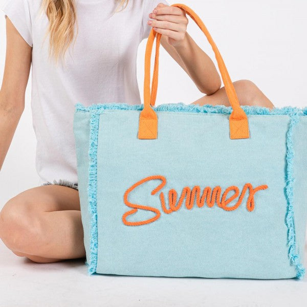 Sewn Rope 'Summer' Letter Fringed Canvas Tote Bag 784402