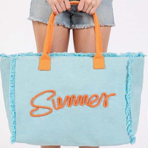 Sewn Rope 'Summer' Letter Fringed Canvas Tote Bag 784402