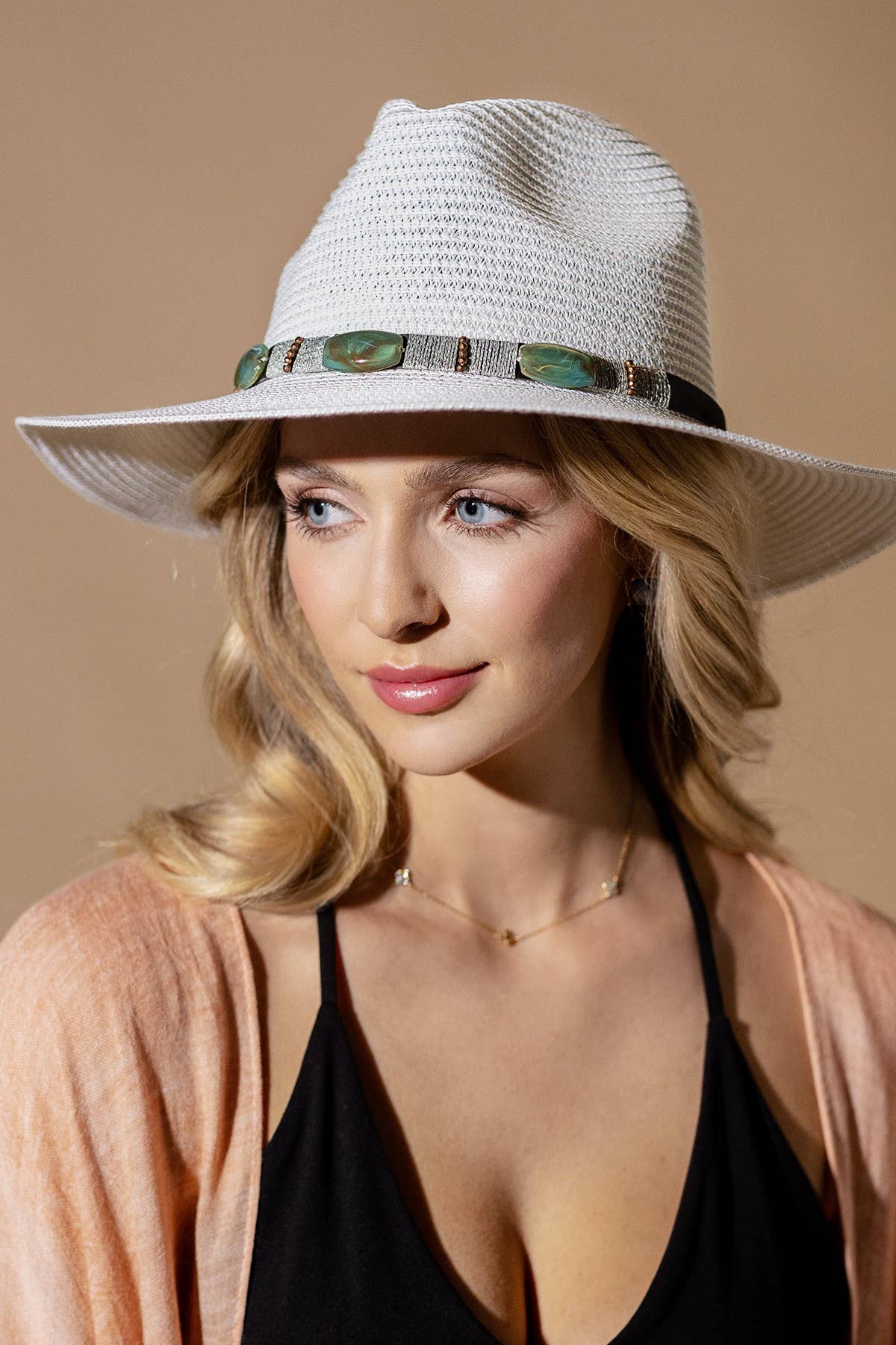 Turquoise Beaded Band Straw Sun Hat: WHITE(WH)