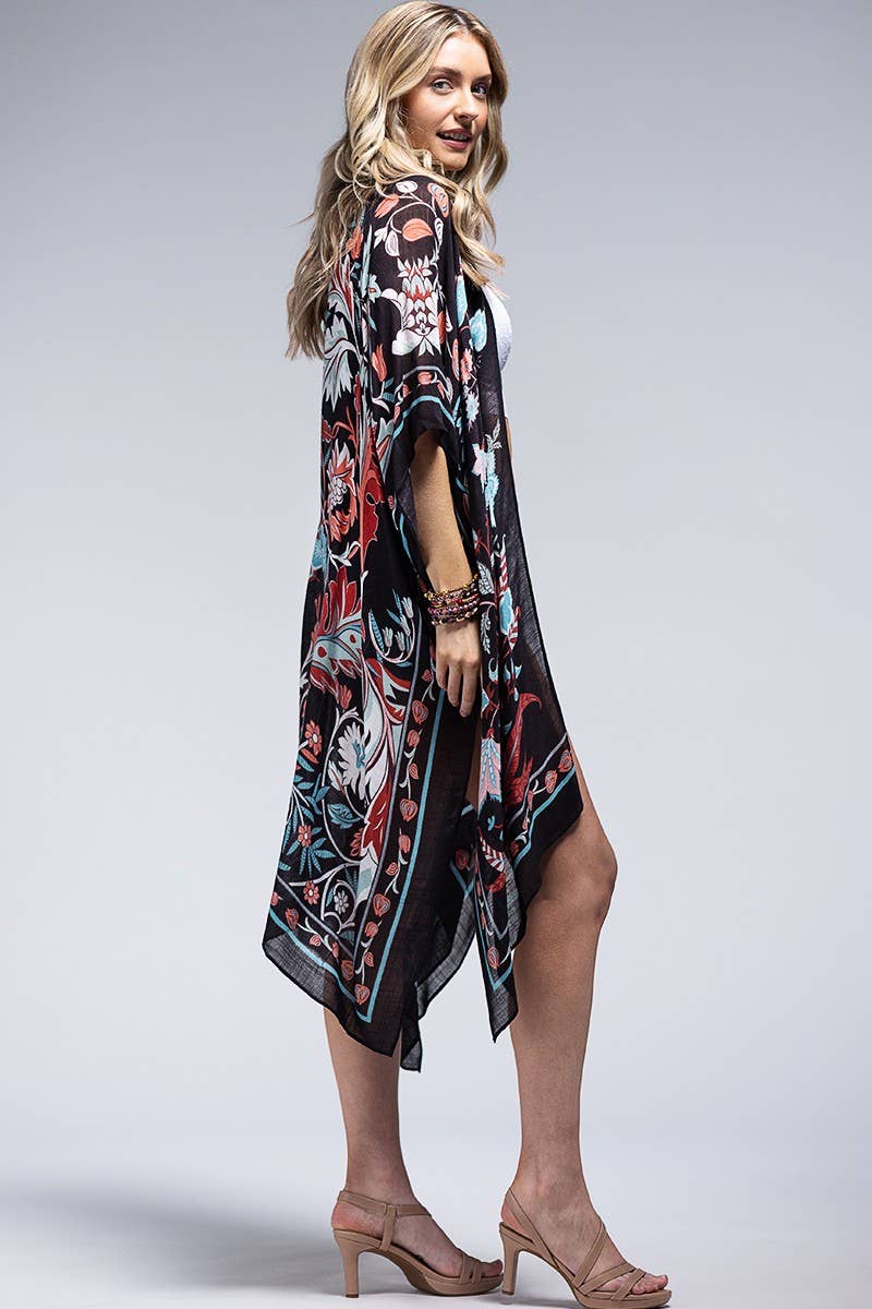 Leaf and Flower print Kimono: TEAL BLACK
