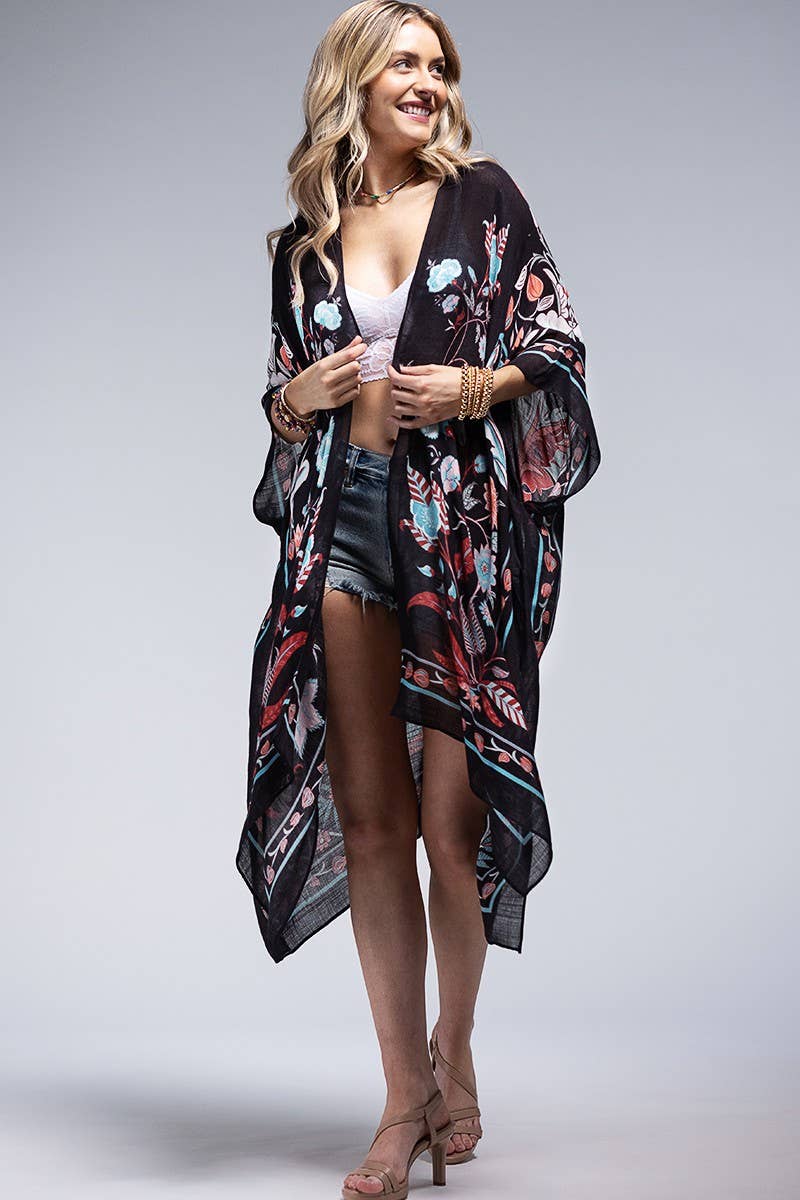 Leaf and Flower print Kimono: TEAL BLACK