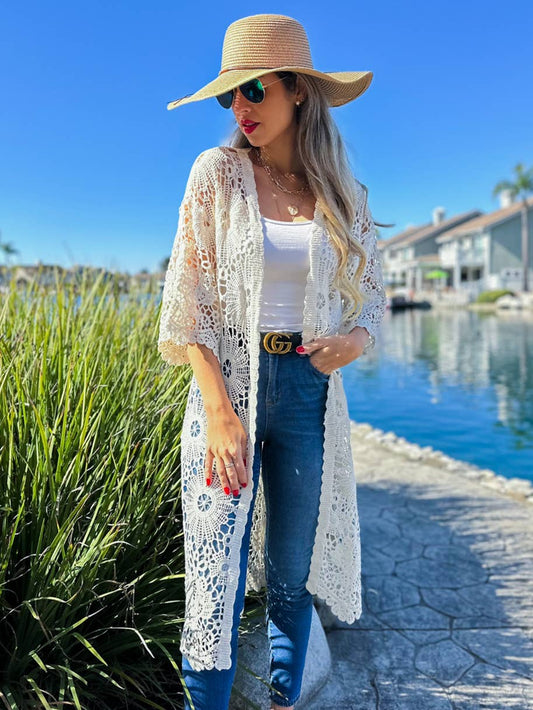 Ivory Bold Floral Printed Crochet 3/4 Sleeve Kimono Cardigan: Ivory / One Size