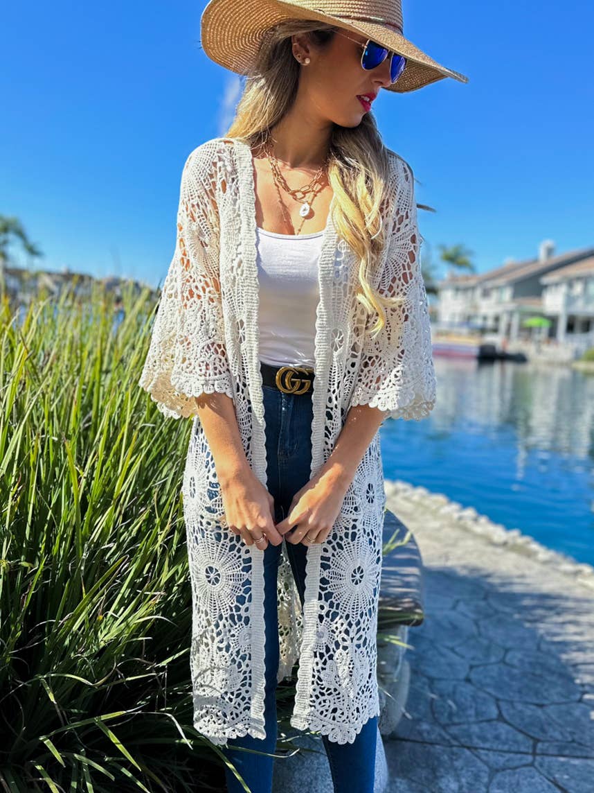Ivory Bold Floral Printed Crochet 3/4 Sleeve Kimono Cardigan: Ivory / One Size