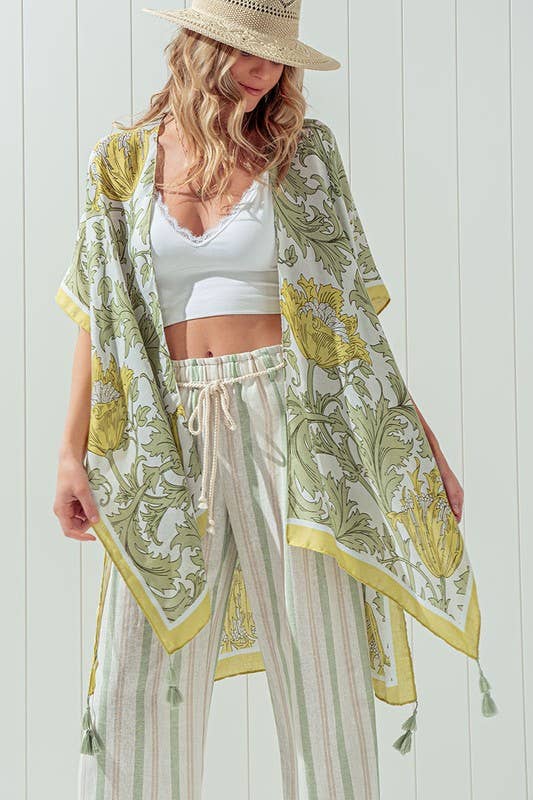 OPEN FRONT LEAF PRINT KIMONO: SAGE