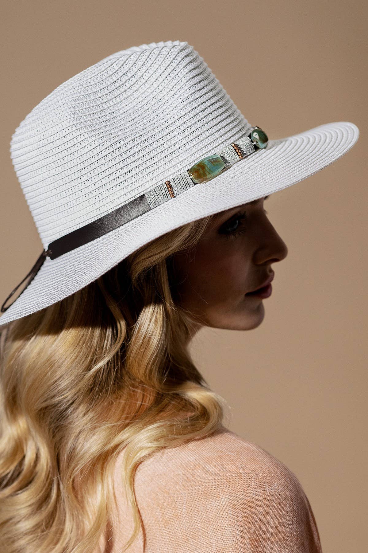Turquoise Beaded Band Straw Sun Hat: WHITE(WH)
