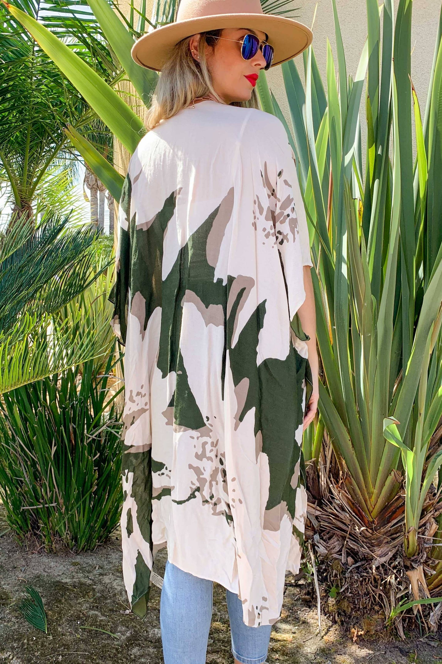 Green Olive Camo Printed Kimono Cardigan Cover Up: Green / Free