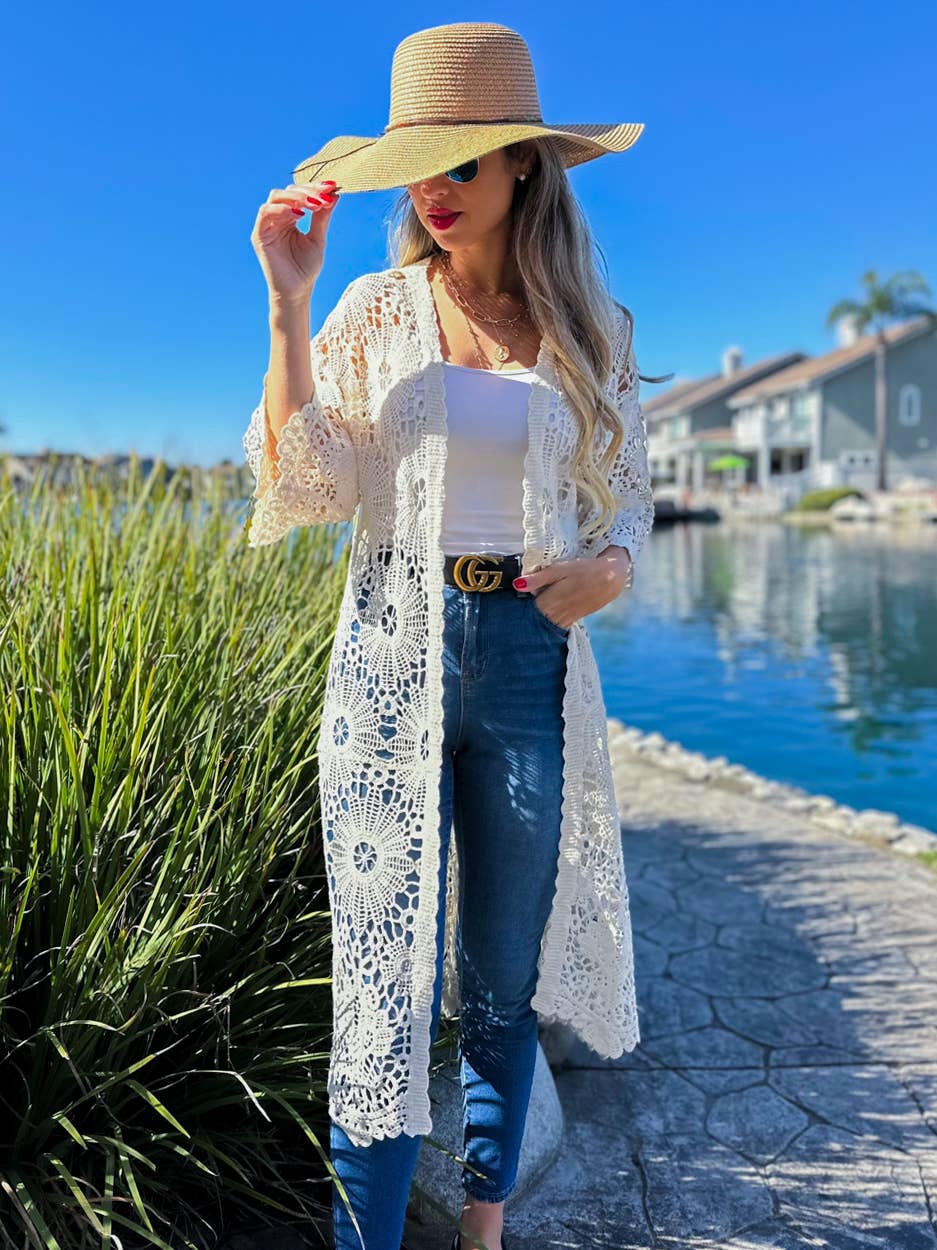 Ivory Bold Floral Printed Crochet 3/4 Sleeve Kimono Cardigan: Ivory / One Size