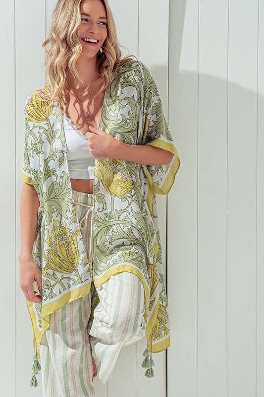 OPEN FRONT LEAF PRINT KIMONO: SAGE