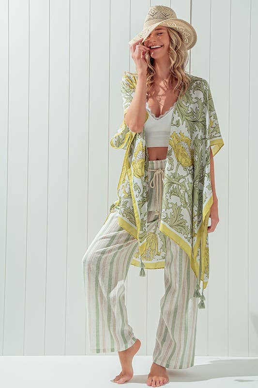 OPEN FRONT LEAF PRINT KIMONO: SAGE