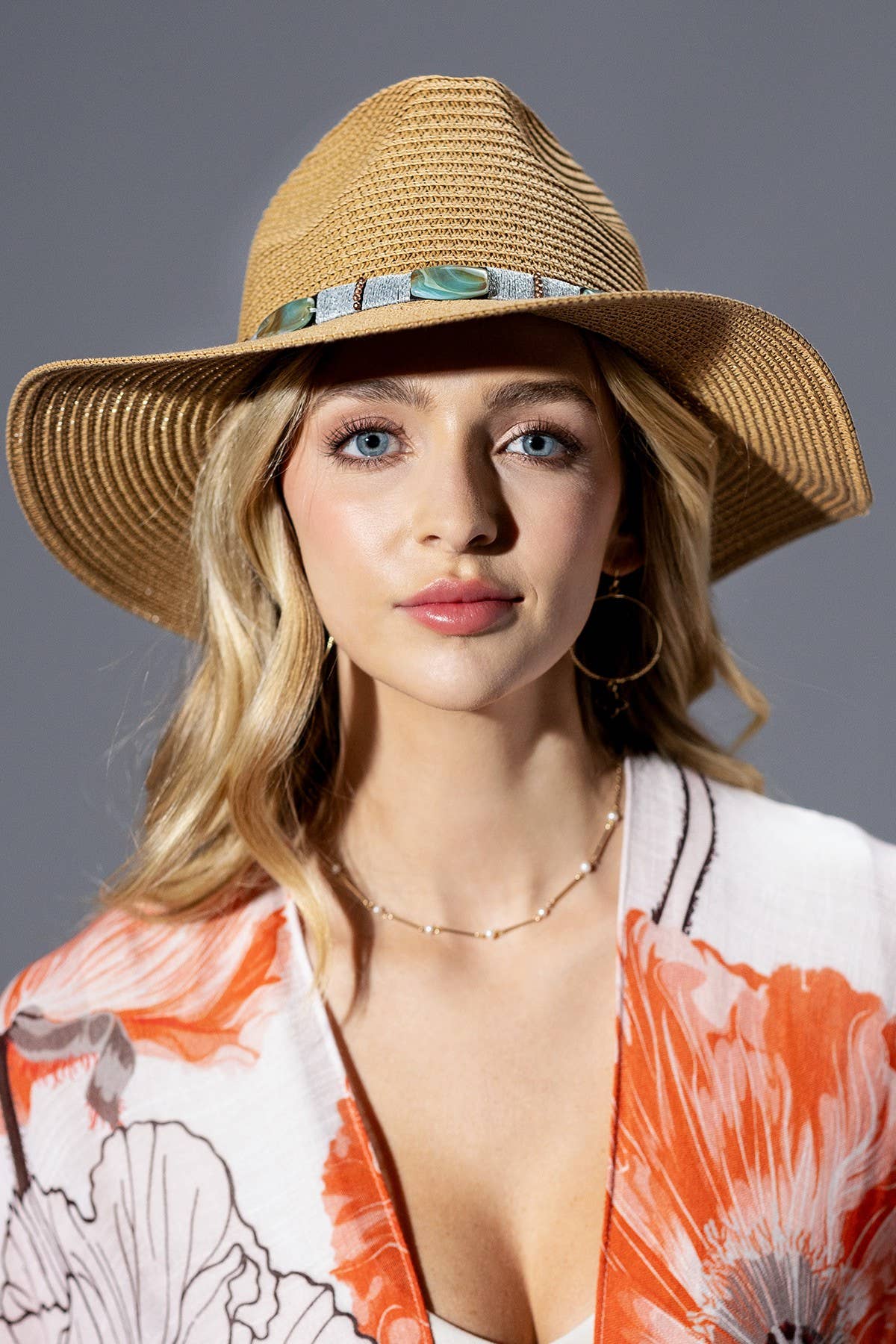 Turquoise Beaded Band Straw Sun Hat: WHITE(WH)