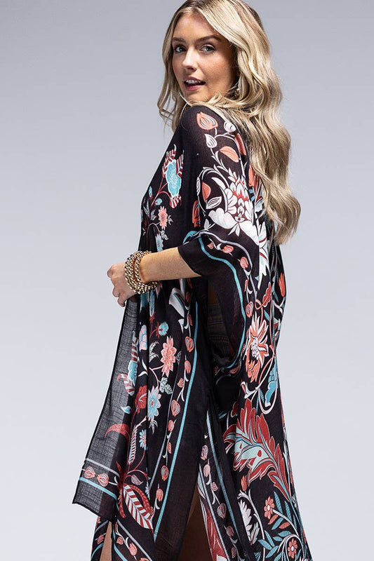 Leaf and Flower print Kimono: TEAL BLACK