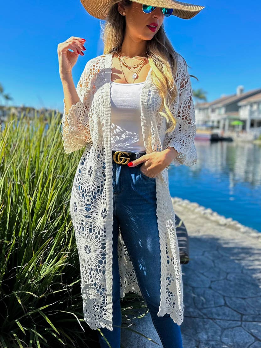 Ivory Bold Floral Printed Crochet 3/4 Sleeve Kimono Cardigan: Ivory / One Size