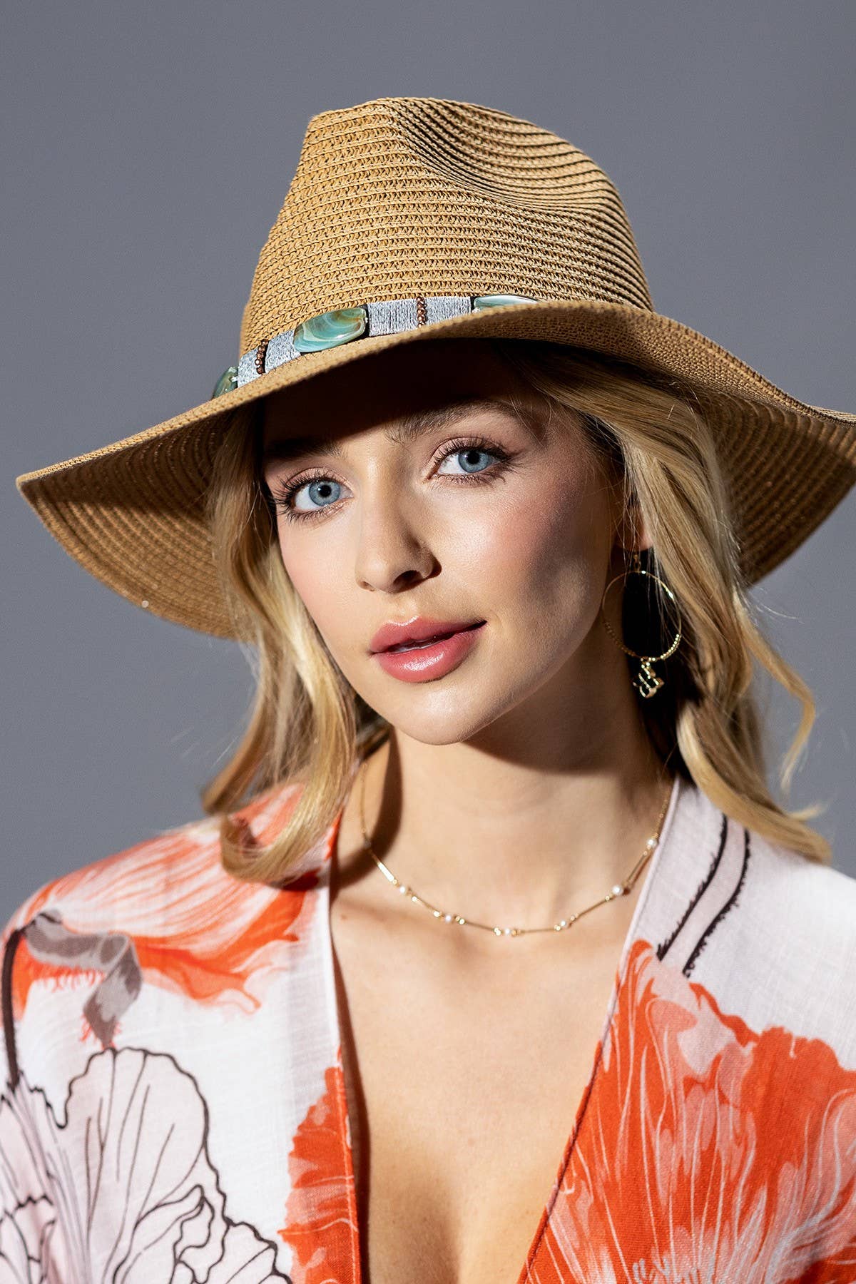 Turquoise Beaded Band Straw Sun Hat: WHITE(WH)