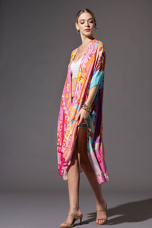 Vibrant Palm & Geo Print Kimono